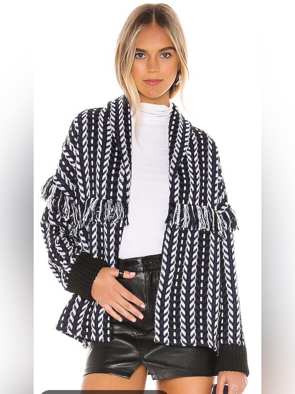 Cupcakes & Cashmere Women's Blue Striped Fringe Tweed Bomber Jacket